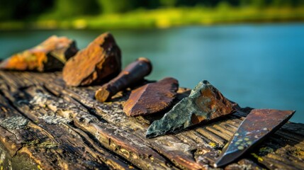 Fototapeta premium Close-up of ancient stone tools, sharp flint knives, and polished axes on a weathered wooden surface, symbolizing prehistoric craftsmanship and the dawn of human ingenuity..