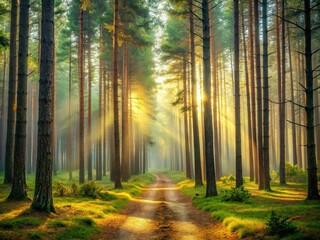 Fototapeta premium Vintage Style Photography of a Misty Pine Forest with Towering Trees and Soft Light Filtering Through the Branches, Creating a Serene Atmosphere for Nature Lovers