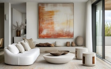 A luminous open-plan living area with a white chaise lounge, a large abstract painting on the wall, and subtle, stylish decor