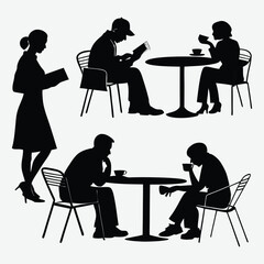  People in urban cafe silhouette vector art and illustration