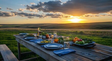 A long wooden table decorated with plates of fresh vegetables and fruit next to a crop field in a rural farmhouse. The sun is setting in the background.