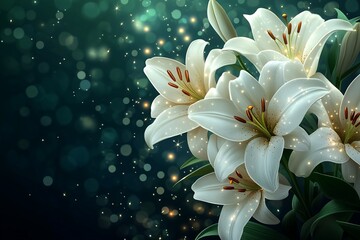 Fototapeta premium Sparkling white lilies on dark teal background.