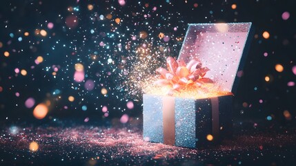 Open gift box with magical light and confetti.