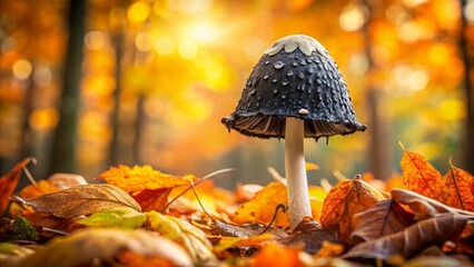 Vintage Style Photography of Black Dripping Shaggy Ink Cap Mushroom Surrounded by Golden, Orange, and Brown Autumn Leaves for a Cozy Fall Wallpaper