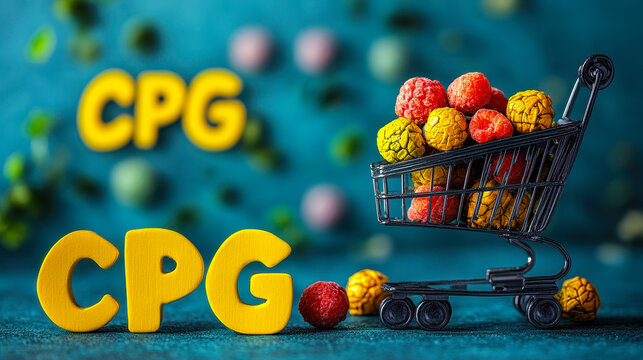 Consumer Packaged Goods Branding Concept with Mini Cart and Colorful Balls on Blue Background