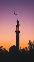 Silhouette of mosque at sunset with crescent moon for ramadan celebration