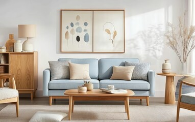 A Scandinavian-inspired living room with a pastel blue loveseat, light oak furniture, and soft textiles for a simple and cheerful vibe