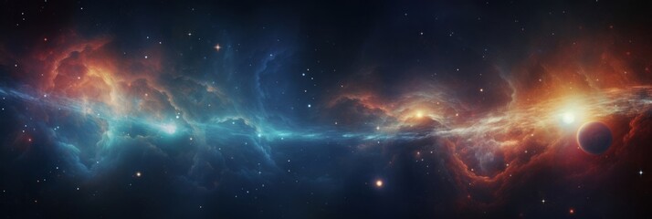 Fototapeta premium Vibrant banner showcasing breathtaking cosmic scene with swirling colors of blue, orange, purple. Distant stars, glowing planets create mesmerizing atmosphere, perfect for artistic inspiration.