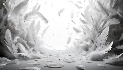 Elegant White Feathers Gently Falling in a Soft Atmosphere Creating an Ethereal and Dreamy Background for Creative Projects and Designs