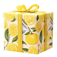 A 3D Gift box wrapped in Lemon glossy wrapping paper