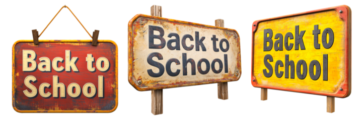 Set of Vintage Back to School Signs with Rustic Designs and Bright Colors, Educational Theme Collection on Transparent Background