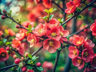 Vintage Style Photography of Japanese Quince Flowers in Full Bloom – Bright Red Pink Blossoms on Quince Tree in a Dark Authenticity Landscape for Horticulture and Homesteading