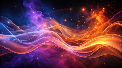 Fototapeta premium Abstract Background with Glowing Lines in Purple and Orange, Smoke-like Waves in Purple, Blue, Red, and Pink on Dark Background, with Nebula Particles