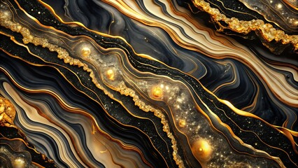 Abstract Black Agate Background with Golden Veins - Luxurious Marble Texture Featuring Glittering Details, Perfect for Trendy Wallpaper and Digital Marbling Illustrations