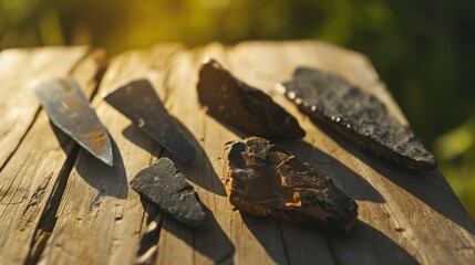 Close-up of ancient stone tools, sharp flint knives, and polished axes on a weathered wooden surface, symbolizing prehistoric craftsmanship and the dawn of human ingenuity..