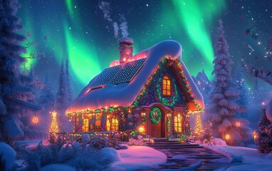 Obraz premium A solar-powered house decorated with Christmas lights under a stunning aurora borealis surrounded by snowy trees vibrant colors and magical atmosphere