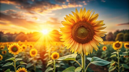 Obraz premium Vintage Style Photography of Sunflower Field on Blurry Sunny Natural Backdrop, Ideal for Summer Agricultural Banner with Ample Space for Text, Showcasing Organic Food Cultivation