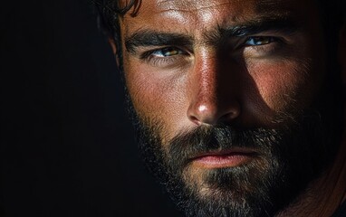 Obraz premium A close-up studio shot of a man with a rugged beard, deep shadows and highlights sculpting his facial structure, processed with dodge and burn for a dramatic backdrop