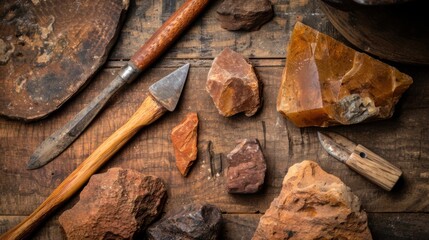 Close-up of ancient stone tools, sharp flint knives, and polished axes on a weathered wooden surface, symbolizing prehistoric craftsmanship and the dawn of human ingenuity..