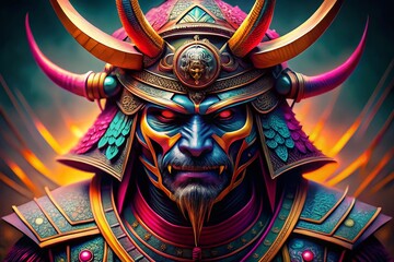 Fototapeta premium Vividly Colored Traditional Samurai Helmet with Horns, Embodying Warrior Spirit and Power in a Striking Portrait Photography Style for Cultural and Historical Themes