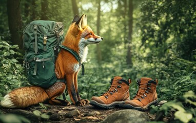 A bright poster featuring a fox wearing a hiking backpack, standing beside high-quality hiking boots, surrounded by a lush forest backdrop, the ad promoting outdoor adventures