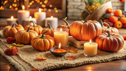 Warm Fall Home Decor with Pumpkins and Orange Candles on a Cozy Brown Carpet, Perfect for Autumn Gatherings and Seasonal Inspiration in Interior Design