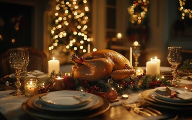 An elegant Christmas dinner table with candles, a golden turkey, and festive decorations