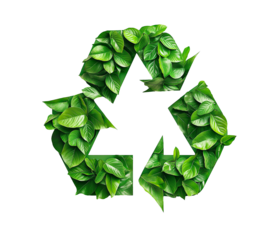 recycle symbol icon on white transparent background, green leaves forming a recycling icon, creative design. cutout png