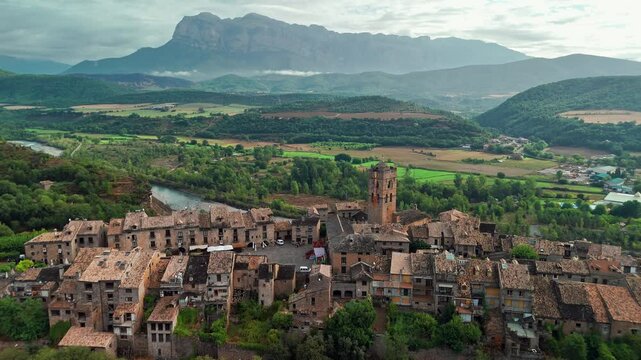 Aerial view of the old town of Ainsa in Huesca province, Spain
