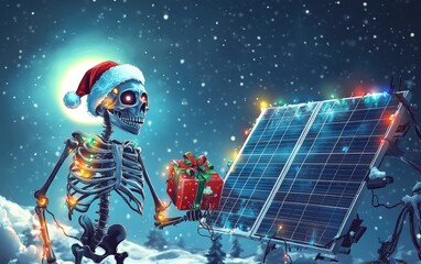A futuristic Christmas-themed poster featuring a solar panel decorated with glowing fairy lights and ornaments, with a playful skeleton wearing a Santa hat holding a gift box