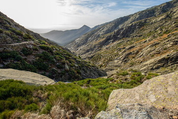 View of the Galayos ravine, mountain route in the town of Guisando, Avila, Castilla y Leon, Spain, at dawn