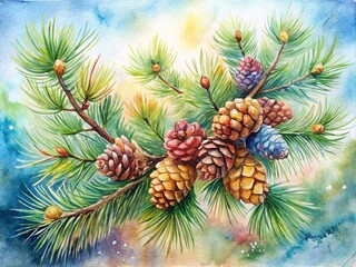 Watercolor Painting of a Pine Branch with Cones Capturing Nature's Serenity and Beauty in a Soft, Fluid Artistic Style for Home Decor and Art Enthusiasts