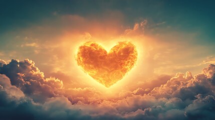 A glowing golden heart enveloped by soft, warm light, floating in a vast, serene sky. 