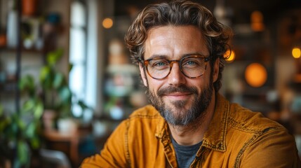 Obraz premium A smiling man with glasses, showcasing a warm atmosphere in a cozy setting.