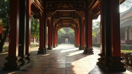 Fototapeta premium A serene walkway lined with ornate pillars, illuminated by soft sunlight, leading to a tranquil space surrounded by lush greenery.