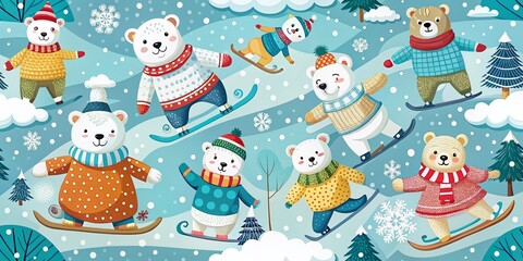 Winter Wonderland: Adorable Polar Bears Snowboarding in a Fun, Playful, Childish Pattern for Cozy Apparel and Home Decor Designs