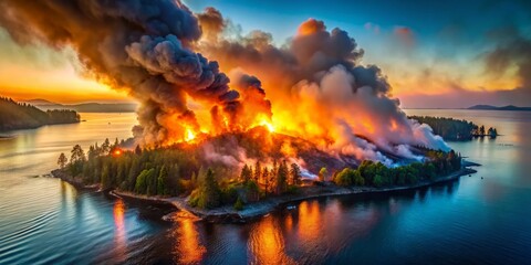 Aerial View of a Wildfire Devouring an Island at Dusk - Long Exposure Capturing the Chaos and Beauty of Nature's Fury