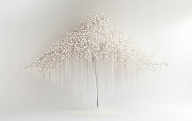 A tree designed from cascading strings of pearls and crystals forming a triangular shape, sparkling on a white background
