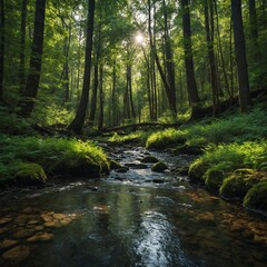 Obraz premium A serene forest with a narrow stream running through, tall trees with green leaves, and the sky shining brightly.