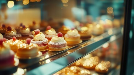 Fototapeta premium Artistic dessert display case perfectly lit with pastries in a luxury patisserie presentation