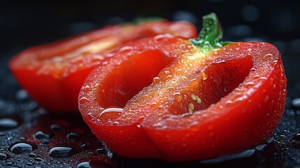 Fresh Cut Red Bell Pepper with Water Drops