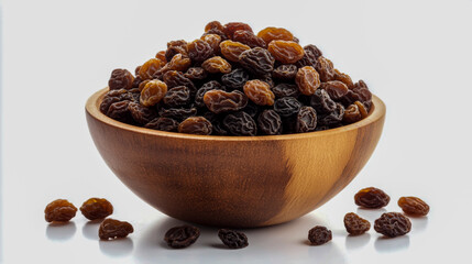 Fototapeta premium Front view of raisins in a wooden bowl, isolated on a white background