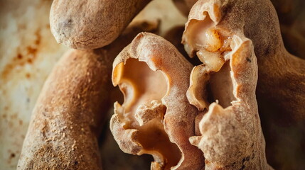 Close-up of fresh tamarind pods with their rough brown shells partially peeled to reveal sticky pulp