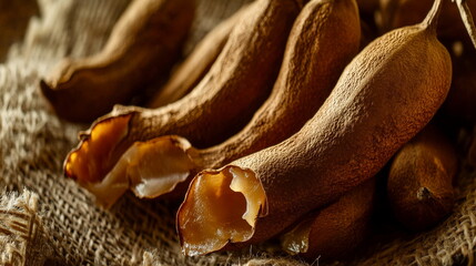 Close-up of fresh tamarind pods with their rough brown shells partially peeled to reveal sticky pulp