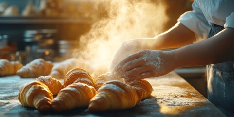 Baker's hands dusting fresh croissants with steam rising