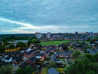 Obraz premium High Angle View of iconic Buildings at Central Greater Manchester City Centre and Tall Buildings During Golden Hour of Sunset over England UK. May 4th, 2024.