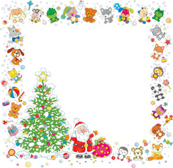 Christmas frame border with happy Santa Claus waving in greeting near a decorated green fir surrounded by funny colorful toys, sweets and flying snowflakes, vector cartoon illustration