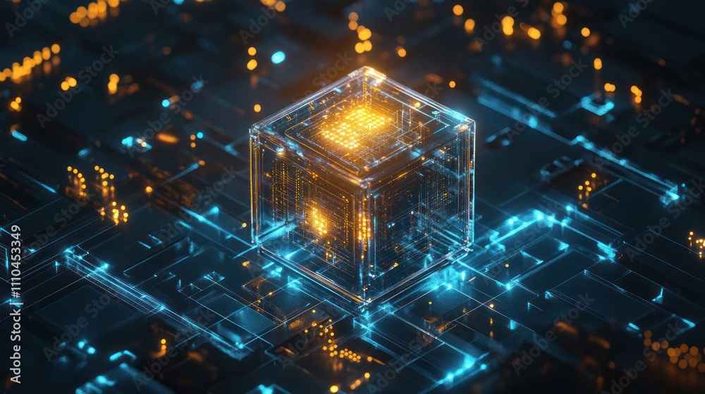 Poster processor inside a transparent cube floating in a dark environment, surrounded by interconnected dat