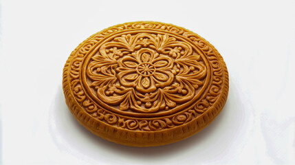 Fototapeta premium Golden brown round bread with an intricate decorative design, presented on a clean white background