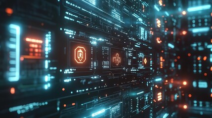 Fototapeta premium Illuminated digital computer server interface in perspective view.